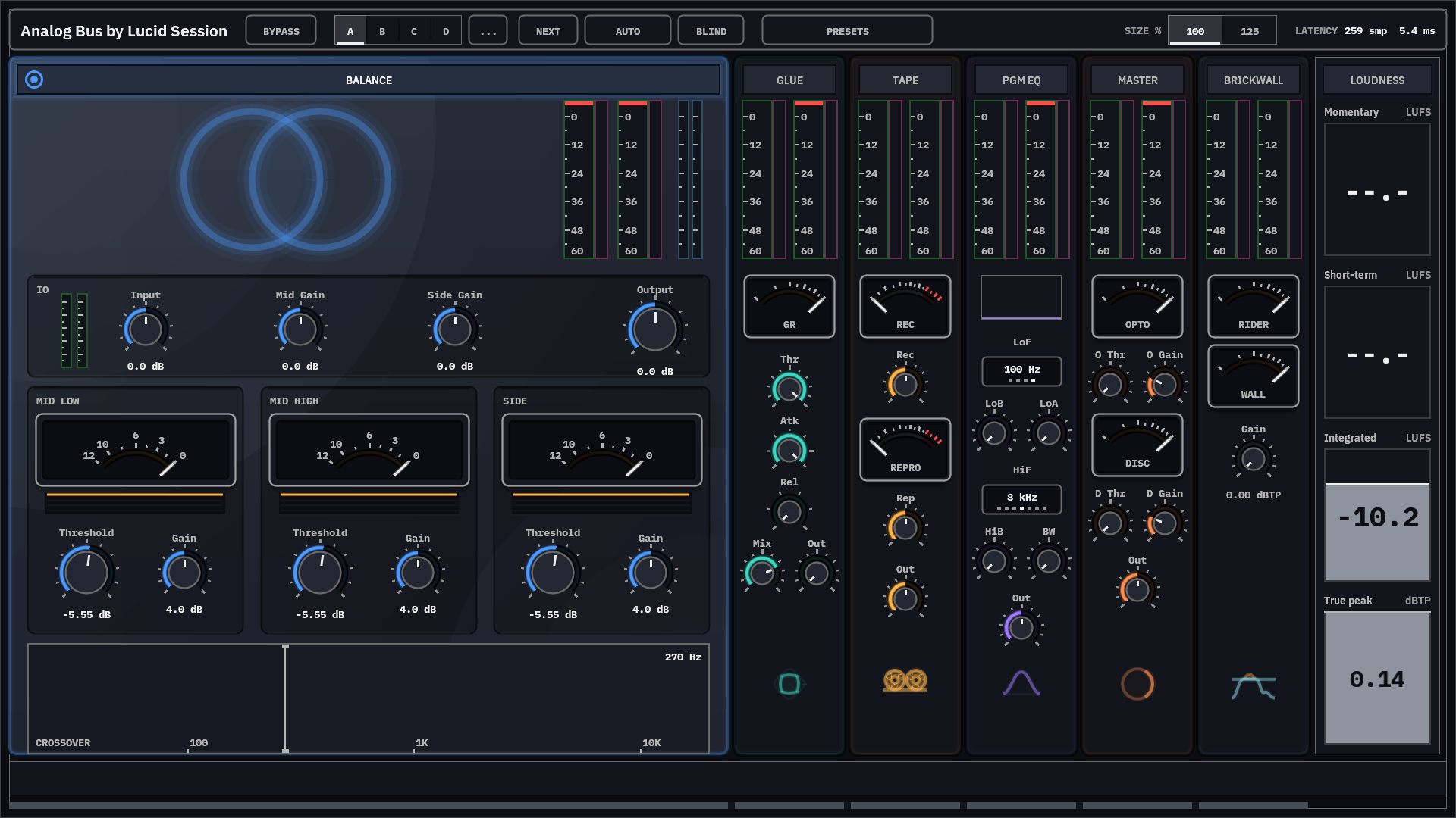 Analog Bus plug-in editor showing six mix bus stages and a loudness column, transport stopped.