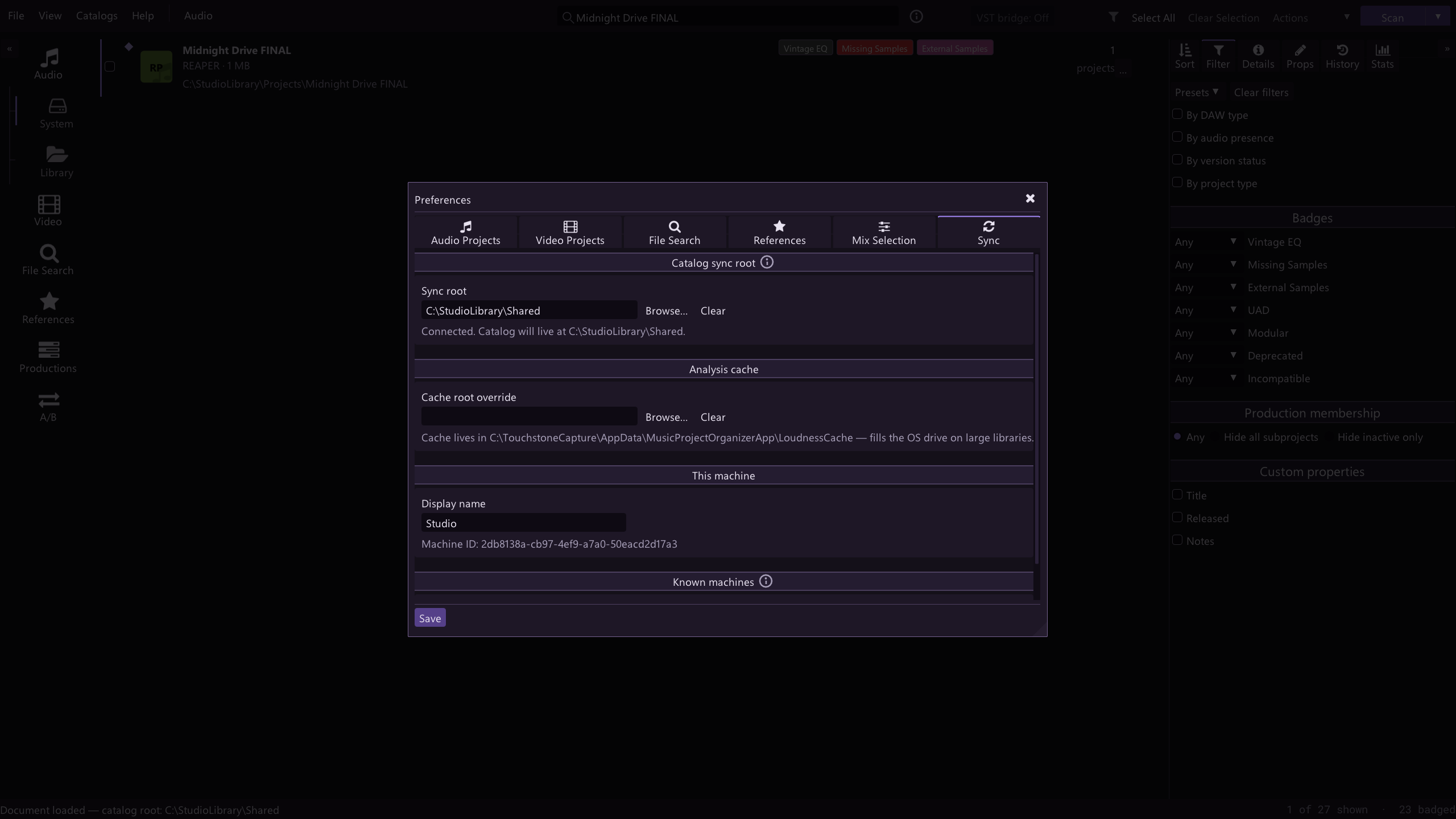 Sync preferences with the catalog sync root pointed at a shared folder and marked connected.
