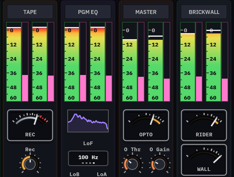 Tape, PGM EQ, Master and Brickwall in their compact views, side by side: live level meters on top; below them Tape's record needle and drive knob, the EQ's spectrum and low-frequency selector, Master's optical needle with its threshold and gain knobs, and Brickwall's rider and wall needles.